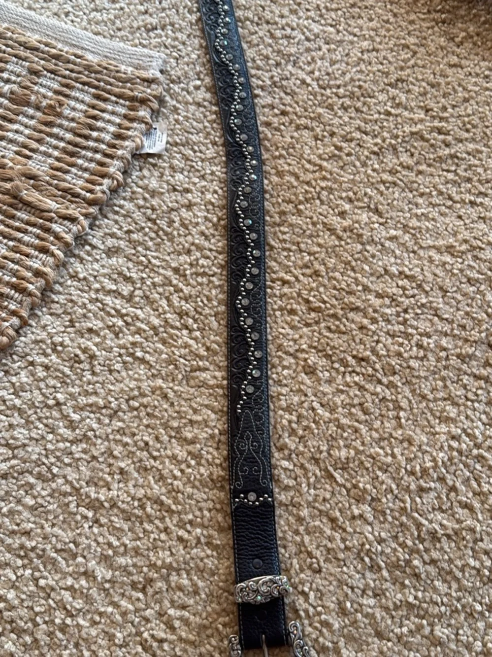 Tony Lama Black Western Leather Belt with Crystal-Accented Silver Buckle